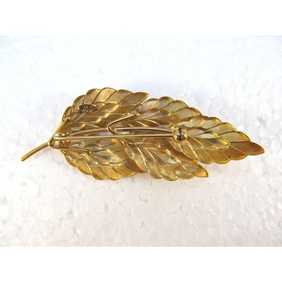 12k Gold Filled Textured Leaf Brooch Signed CR - Picture 7 of 11